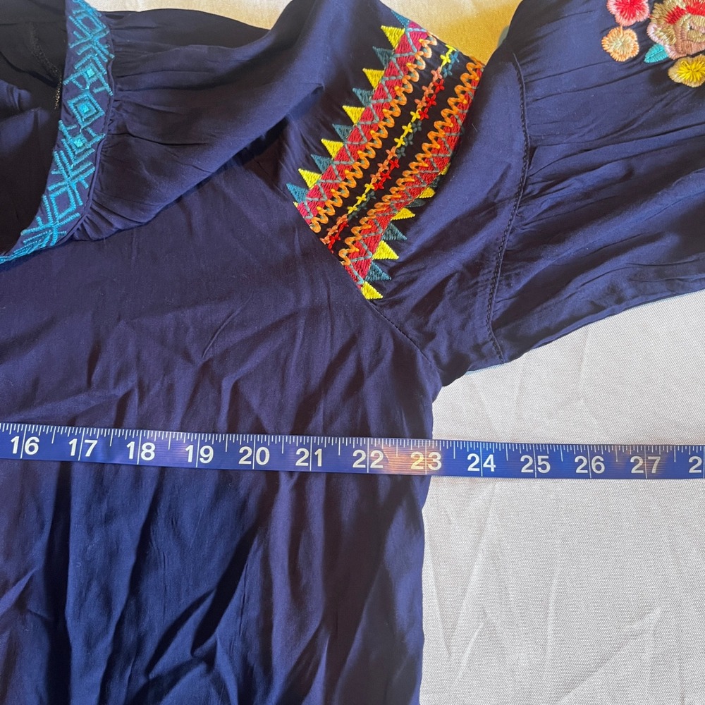 Solitaire Navy Blue Embroidered Boho Peasant Blouse Tassel Tie Large 17-2845 - Picture 5 of 9